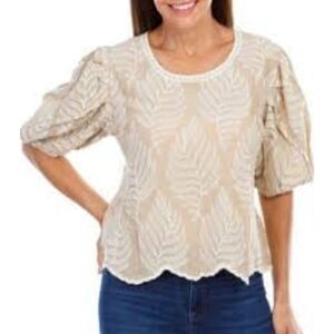 Solitaire Embroidered Leaf Top With Puff Elbow Sleeves Tan & Cream Size L